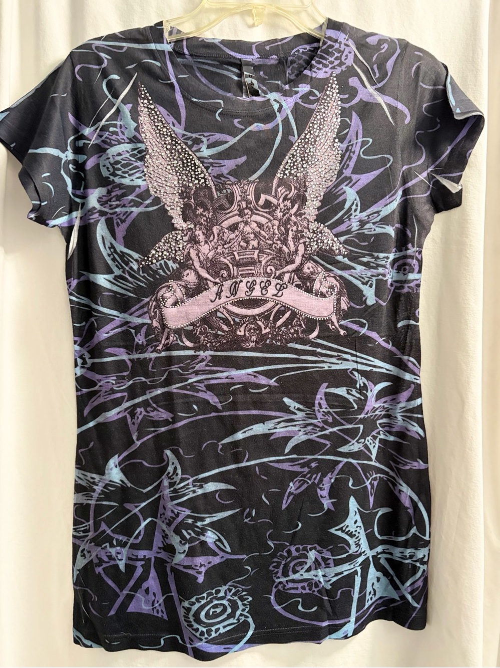 Graphic Angel Wing Black Tee with Lavender and Aqua Print
